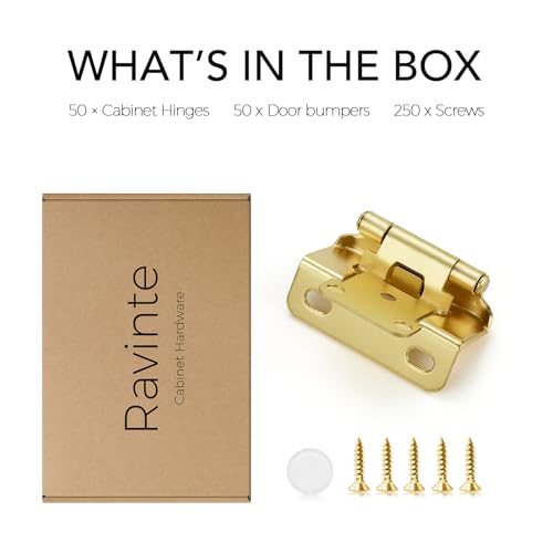 Ravinte Gold Semi-Overlay 1/2 inch Self-Closing Hinges, 50 Pack - color: Gold