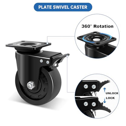 W B D WEIBIDA 5-inch Swivel Plate Caster Wheels Set of 4 Heavy Duty, Load Capacity 9900lbs, Extra Width Wheel & Steel Industrial Caster with Brake, Endurance &Quiet &Sturdy Nylon Wheels for Equipment - style: 5 inch(Metal)