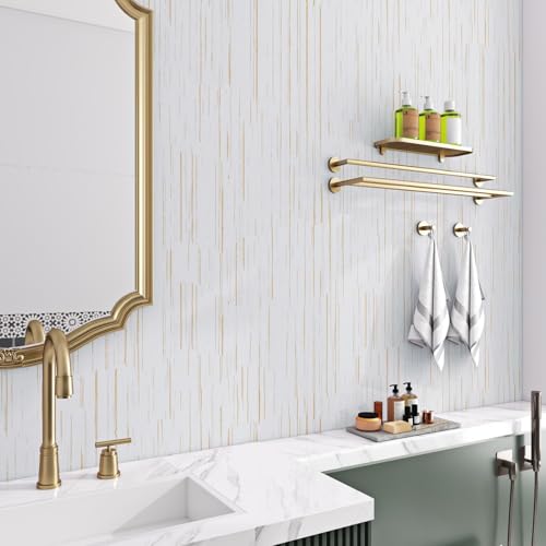 Livelynine 15.8x197 White and Gold Textured Peel and Stick Wallpaper Stripes Vertical Grasscloth Linen Cloth Fabric RV Wallpaper Replacement Camper Renter Friendly Textured Contact Paper for Cabinets - size: 15.8" x 197"