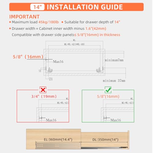 14 Inch Soft Close Undermount Drawer Slides for Frameless Cabinets - color: Soft Close Without Bracket, size: 14 Inch (350 mm)