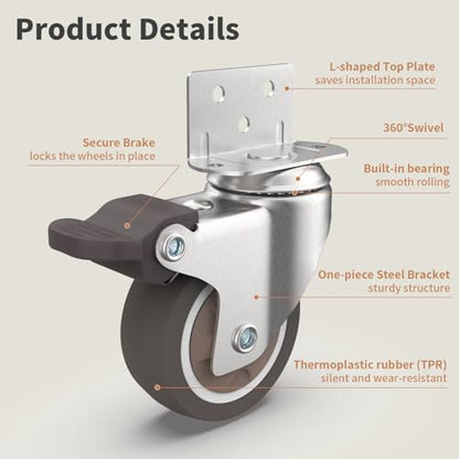 2" L-Shaped Swivel Plate Casters, TPR Silent Furniture Wheels with Brakes, Total Load Capacity 600 Lbs, Mounting for Wooden Cabinet, Sewing Table, Crib, 4 Pcs