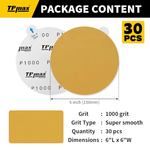 TPmax 6-Inch 1000-Grit Gold PSA Sanding Discs, 30 Pack – Pro-Grade Self-Adhesive Stickyback Sandpaper with Quick-Release Tabs for DA Sander, Ultra-Smooth Automotive/Wood/Metal Sanding - style: 1000 Grit