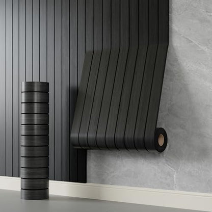 YLL YLL PVC Slat Wall Panel Peel and Stick 236"x 15.7" Faux Black Wood Grain Slat Panel Self-Adhesive Wallpaper Soundproof 3D Wall Panels - color: Black, size: 15.7" x 236"
