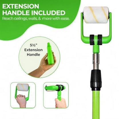 Ergonomic 4 Inch Paint Roller Frame Kit with Extension Handle, Lightweight Mini Paint Roller for Walls, Cabinets, Trim and Furniture, Comfortable Grip Helps Reduce Hand Fatigue, Green