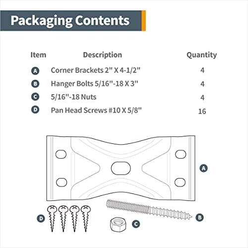 POWERTEC Kerf Mount Corner Bracket 4PK w/Mounting Hardware, Corner Braces for Coffee Table/Desk Legs/Dining Table/Bench Legs (71427) - size: 2" x 4-1/2", style: Kerf Corner Brackets Combo, 4PK