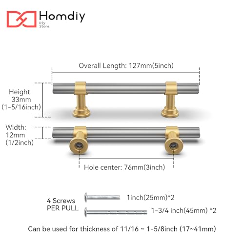 homdiy 10 Pack 3 Inch Hole Center Brushed Nickel and Gold Cabinet Pulls - color: Brushed Nickel & Matte Gold, size: 3 in Hole Centers