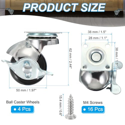 PATIKIL 2 Inch Ball Caster Wheels with Brake, 4 Pack 360° Rotating Swivel Top Plate Wheels 397 lbs Total Capacity Locking Caster with M4 Screws for Furniture Table Cabinet Chrome - color: Chrome, size: 2 Inch