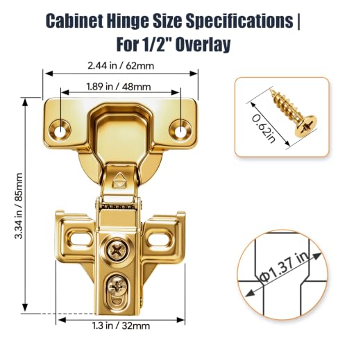 Mousike 10 Pack (5 Pair) Soft Close Cabinet Hinges, 1/2 Overlay Soft Close Hinges for Kitchen Cabinet, Stainless Steel, Built-in Damper, 100 Degree Opening Angle, 6 Way Adjustment (Gold) - color: Gold, size: 10 Pack