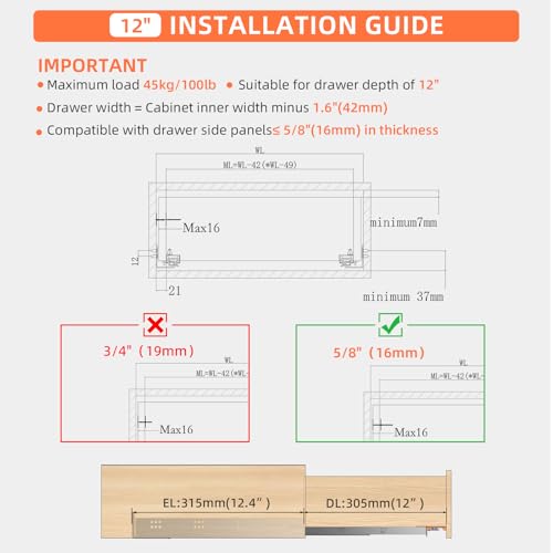 12” Undermount Drawer Slides Soft Close 100 lbs with Bracket 1 Pair - color: Soft Close With Bracket, size: 12 Inch (305 mm)