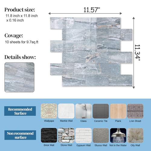 2026 New Upgrade Peel and Stick Backsplash Tile, Peel and Stick 11.34" X 11.57" Wall Tile for Kitchen, Bathroom, Fireplace, Laundry (Polished Marble Cyan, 10 Packs) - color: Polished Marble Cyan