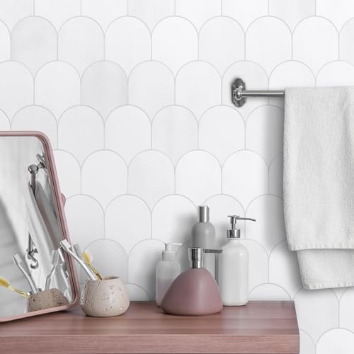 10-Sheet Fish Scale Peel and Stick Backsplash Tile, 11.4" x 10.9" Stone Composite Scallop Handmade Looks Self-Adhesive Wall Tiles for Kitchen Bathroom, White Mixed - color: White Mixed, size: Fish Scale