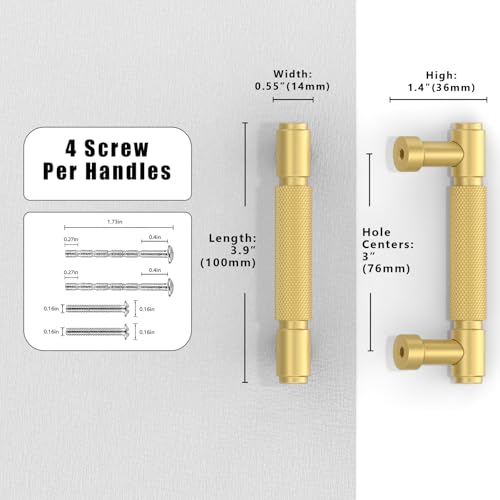10 Pack Brushed Gold Knurled Cabinet Pulls 3 Inch(76mm) Kitchen Cabinet Handles Cabinet Hardware for Drawer Pulls - color: Brushed Gold, size: 3" Hole Center