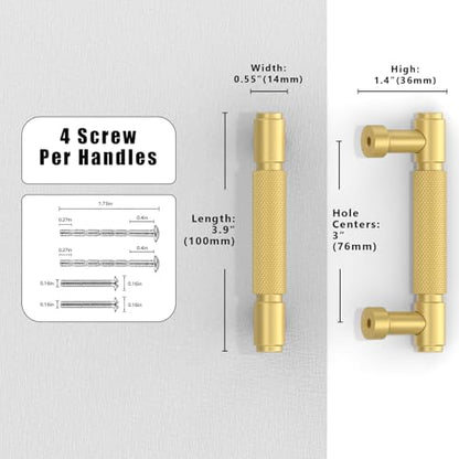 10 Pack Brushed Gold Knurled Cabinet Pulls 3 Inch(76mm) Kitchen Cabinet Handles Cabinet Hardware for Drawer Pulls - color: Brushed Gold, size: 3" Hole Center