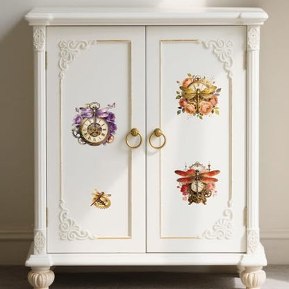 Peacoblue Dragonfly, Gear Clock Rub On Transfers for Furniture Craft 6"x12" - style: Dragonfly with Gear Clock
