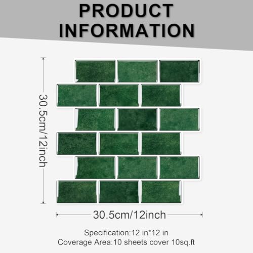 10 Sheets Thicker Design Peel and Stick Backsplash for Kitchen and Bathroom, 12"x12", Green - color: Green