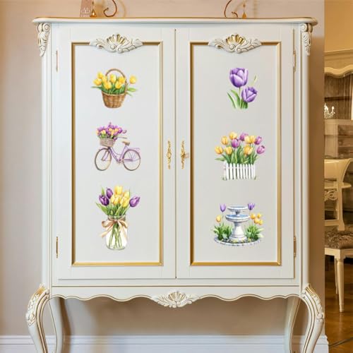 Peacoblue Tulips and Landscape Rub On Transfers for Furniture Craft 6"x12" - style: Tulips and Landscape