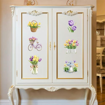 Peacoblue Tulips and Landscape Rub On Transfers for Furniture Craft 6"x12" - style: Tulips and Landscape