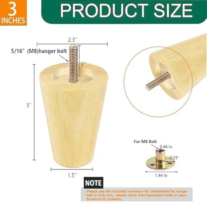 Generic 3 Inch Wood Furniture Legs, Wooden Couch Sofa Leg Feet Set of 4, Mid-Century Modern Round Solid Wood Replacement Legs for Couch, Chair, Sofa, Dresser, Bed, Cabinet, Ottoman - size: 3inch