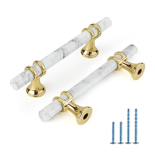 Rergy 10 Pack Cabinet Handles, White Marble & Polished Gold Pulls, 3" - color: White Marble & Gold, size: 3 inch (76mm) Hole Center
