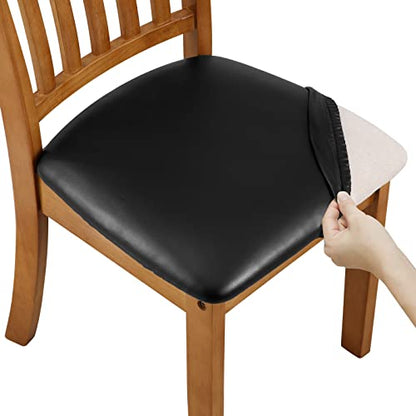 Fuloon Dining Chair Seat Covers 4 PCS, Solid Pu Leather Waterproof Seat Cushion Cover Oilproof Stretch Dining Chair Protctor Slipcover (Pu Dark Black) - color: Pu Dark Black