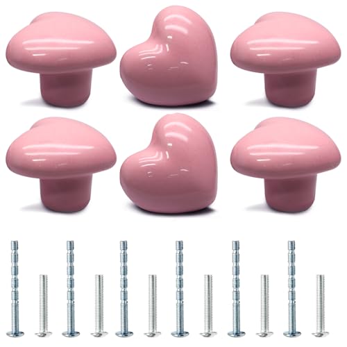 6 Pcs Ceramic Cabinet Knobs, Heart Shaped, Pink - color: Pink, size: 6 Pack