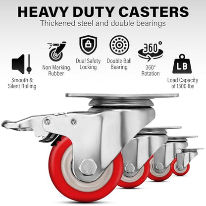 2.5 Inch Caster Wheels Heavy Duty Casters Set of 4, 1500 LBS Load Capacity - color: Red & Silver, size: 2.5 Inch