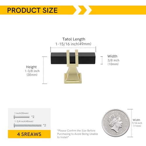 Rergy 10 Pack Square Black and Gold Cabinet Knobs, Solid Zinc Alloy - color: Black and Gold, size: Single Hole