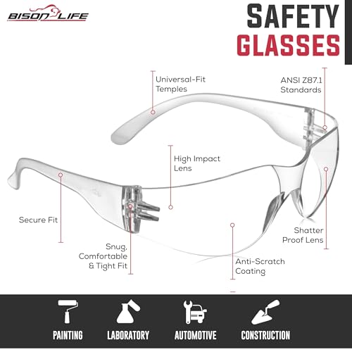 BISON LIFE Clear Safety Glasses for Men & Women, ANSI Z87.1 Certified, 6 Pk - color: Clear/Clear