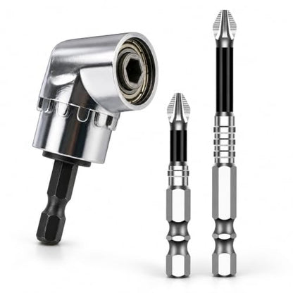 105° Right Angle Drill Adapter Set, 3-Piece 1/4-Inch Hex Shank Screwdriver Attachment with 2 Anti-Slip Phillips Bits for Tight Spaces, Drills and Electric Screwdrivers