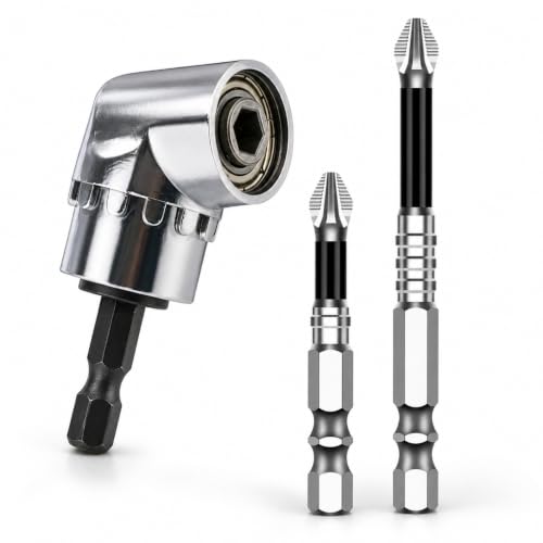 105° Right Angle Drill Adapter Set, 3-Piece 1/4-Inch Hex Shank Screwdriver Attachment with 2 Anti-Slip Phillips Bits for Tight Spaces, Drills and Electric Screwdrivers