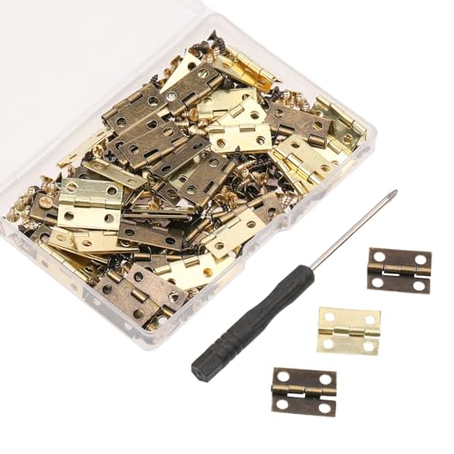 60Pcs Small Brass Antique Mini Hinges, Stainless Steel Folding Butt Miniature Hinges With Screws and Screwdriver for Dolls House Mini Wooden DIY Crafts Jewelry Box Cabinet