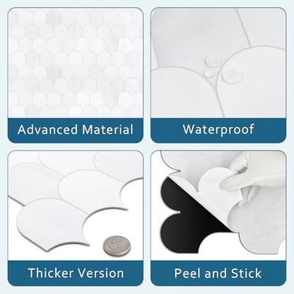 10-Sheet Fish Scale Peel and Stick Backsplash Tile, 11.4" x 10.9" Stone Composite Scallop Handmade Looks Self-Adhesive Wall Tiles for Kitchen Bathroom, White Mixed - color: White Mixed, size: Fish Scale