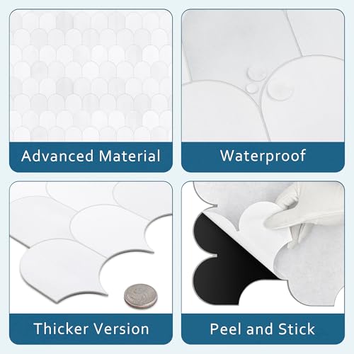 10-Sheet Fish Scale Peel and Stick Backsplash Tile, 11.4" x 10.9" Stone Composite Scallop Handmade Looks Self-Adhesive Wall Tiles for Kitchen Bathroom, White Mixed - color: White Mixed, size: Fish Scale