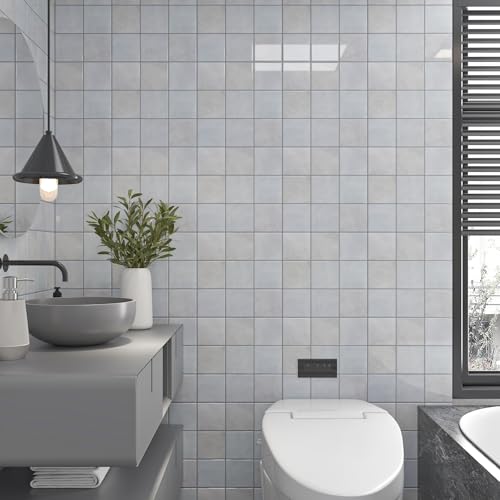 CHIHUT 6 Sheets 12"x12" Glossy Grey Concrete Checkered Peel and Stick Backsplash Tiles Waterproof Heat Resistant Self Adhesive Vinyl Wall Tiles for Kitchen Bathroom Laundry Room Renter Friendly Tiles - color: Gray, size: 6 Tiles