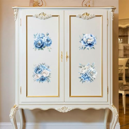 Peacoblue Blue and White Peony Rub On Transfers for Furniture Craft 6"x12" - style: Blue and White Peony