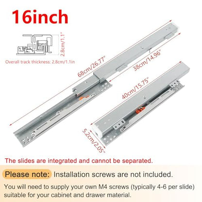 Pair Undermount Drawer Slides Bottom Mount Pull Out Shelf Slider Under Mount Drawer Glides Full Extension Soft Close Drawer Runner Shelf Track for Kitchen Face Frame or Frameless Cabinet Drawer - size: 16 Inch