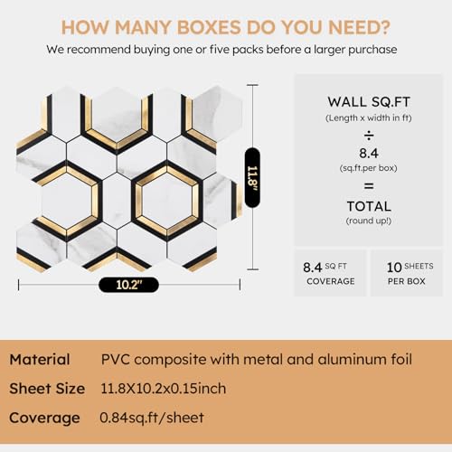 Diflart 10-Pack Peel and Stick Black White Gold Hexagon Backsplash Tile - color: White Marble + Gold + Black Metal Flower, size: 10 Sheets