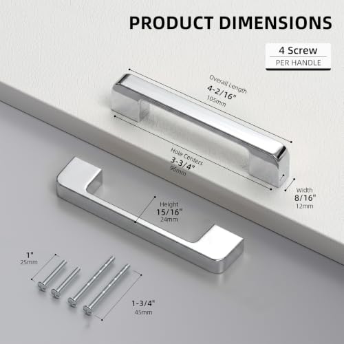 Polished Chrome Cabinet Pulls 3-3/4" Polished Nickel Cabinet Pulls - color: Polished Chrome, size: 3-3/4 Inch (96 mm) Hole Centers