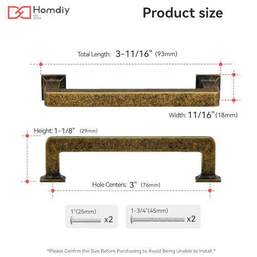 homdiy 20 Pack 3 Inch Antique Brass Cabinet Pulls, Solid Zinc Alloy - color: Antique Brass, size: 3" Hole Center