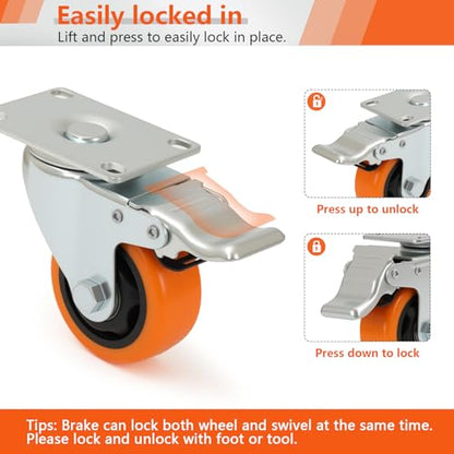 3 Inch Heavy Duty Casters Set of 4, 2 Rigid + 2 Locking, Orange PU