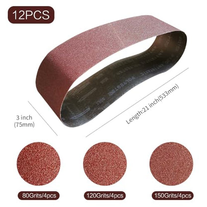 3x21 3 x 21 Inch Sanding Belt Pack 3-Inch x 21-Inch,12 Pcs(4 Each of 80 120 150 Grits) Aluminum Oxide for Sander - size: 3x21in