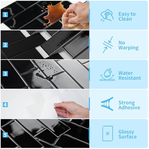 Art3d Subway Design Wall Tile, Peel and Stick Backsplash, 10-Pack, Black - color: Black