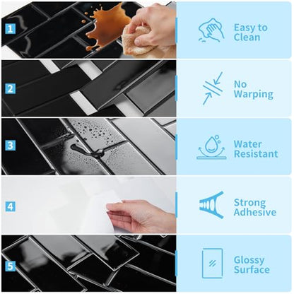 Art3d Subway Design Wall Tile, Peel and Stick Backsplash, 10-Pack, Black - color: Black