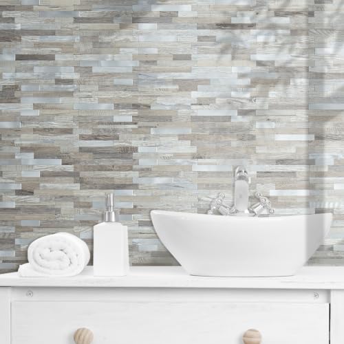 DICOFUN 2 Sheets Distressed Wood Peel and Stick Backsplash, PVC Mixed Metal Stick on Wall Tiles for Kitchen and Bathroom - color: Distressed Wood + Metal Silver, size: 2 Sheets, 6’’x12’’x0.12’’
