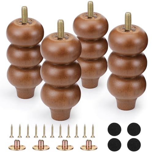 4 Pcs 4 Inch Wood Legs Round Bun Feet for Dresser Sofa Brown - color: Brown, size: 4 Inch