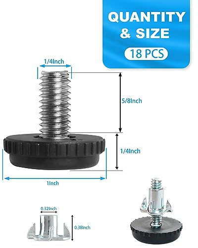 ALLWIN 1/4" Thread Furniture Feet Levelers - 18 Pack Adjustable Table Leveling Feet with Threaded Insert for Desk, Chairs, Cabinets, Stool Legs - Foot Levelers Screw