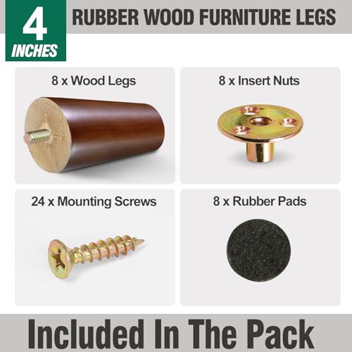 FoDau770 Rubber Wood Legs 4", Slant Taper, 5/16"-18 Thread, Brown, 8pcs - color: Brown, size: 4 Inch - Slanted (80°)