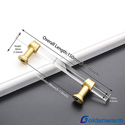 Goldenwarm 5 Pack Gold Kitchen Cabinet Hardware Acrylic Drawer Pulls - LS9165GD90 Modern Cabinet Handles Lucite Drawer Pulls Dresser Handle Bar Pull Drawer Handles - color: Matte Gold, size: 3.5"/90MM Hole Center