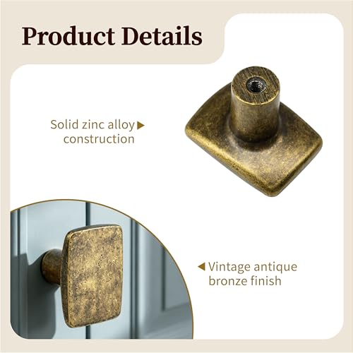Antique Brass Cabinet Knobs Solid Zinc Alloy Vintage Dresser Drawer Pulls (6, Retro Rectangle)
