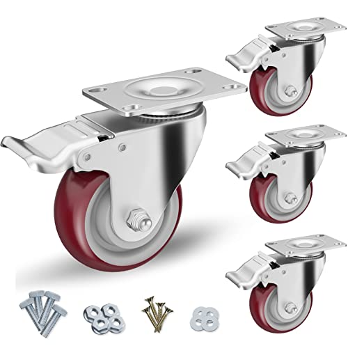 3" Heavy Duty Plate Casters with Brake, Set of 4 - color: Red, size: 3 inch